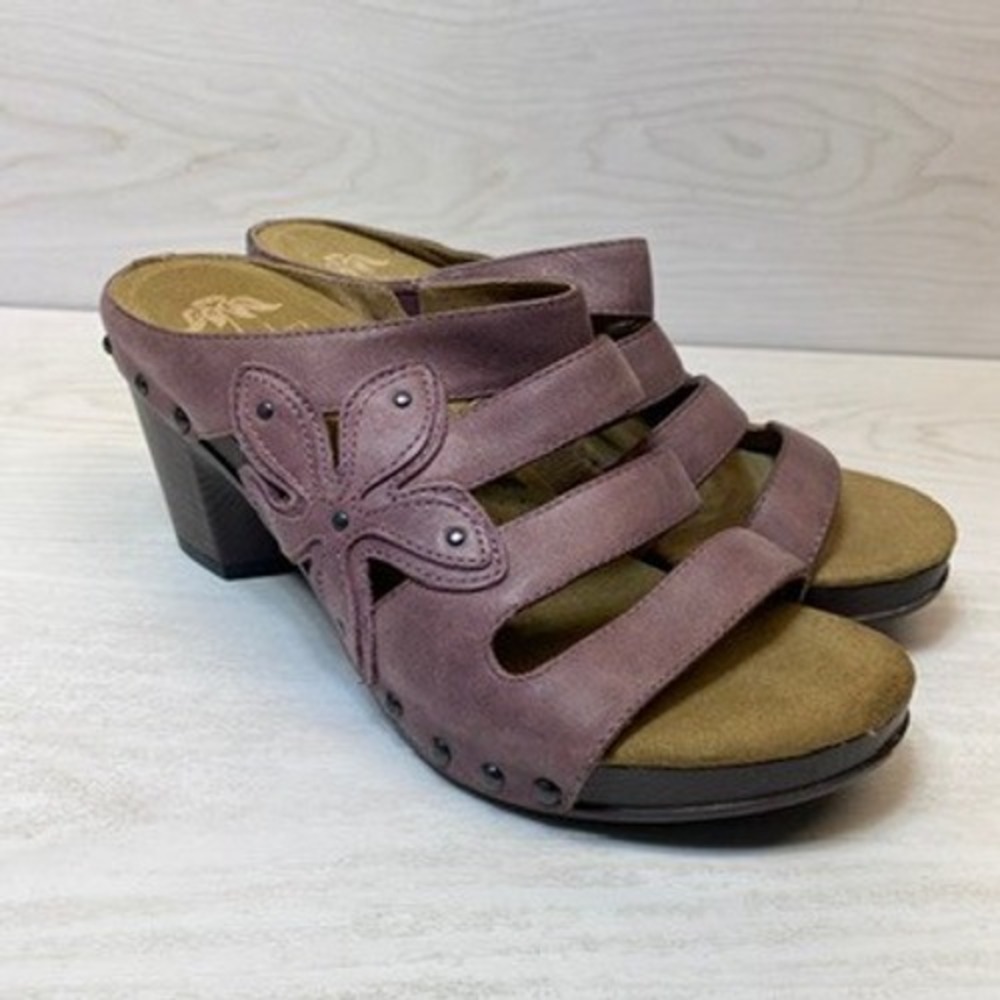 Dansko Womens 8 38 Nigella Clog Mules Floral Strappy Purple Leather Stud Sandals